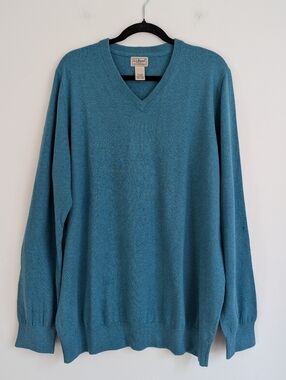 L.L. Bean Men's Teal V-Neck Cotton Cashmere Blend Pullover Sweater XL Tall